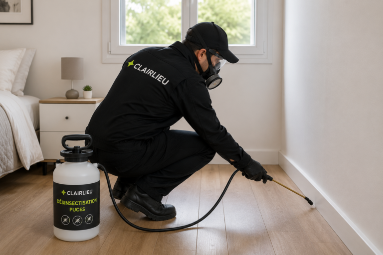 Technicien Clairlieu en combinaison pulvérisant de l'insecticide sur les murs d'une chambre dans le cadre d'une intervention de désinsectisation puces