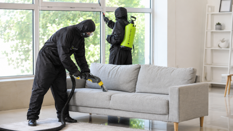 Deux techniciens Clairlieu en combinaison traitant un salon avec de l'insecticide dans le cadre d'un traitement punaises de lit